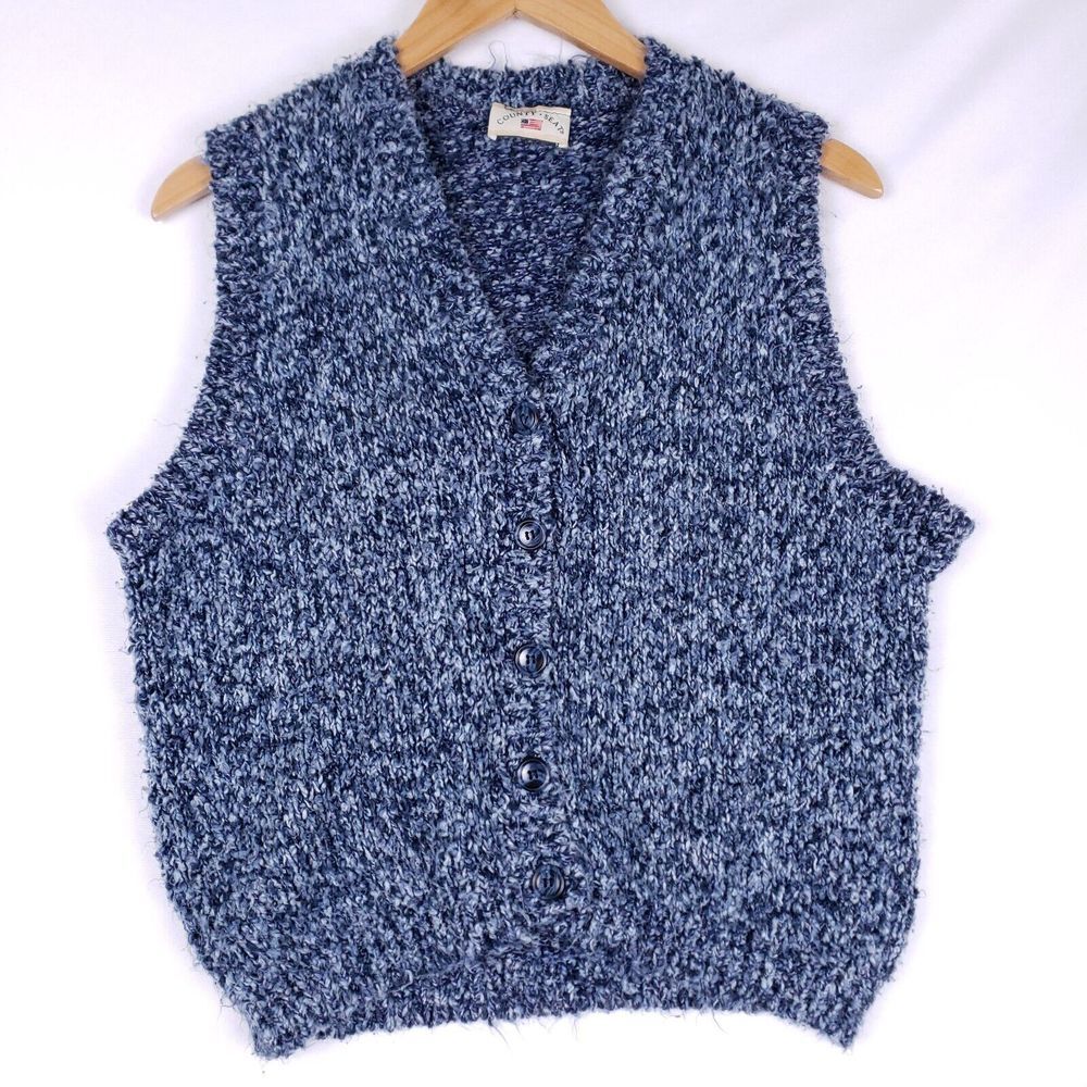 County Seat Cardigan Vest Womens L Blue Textured Knit Sleeveless Retrocore USA